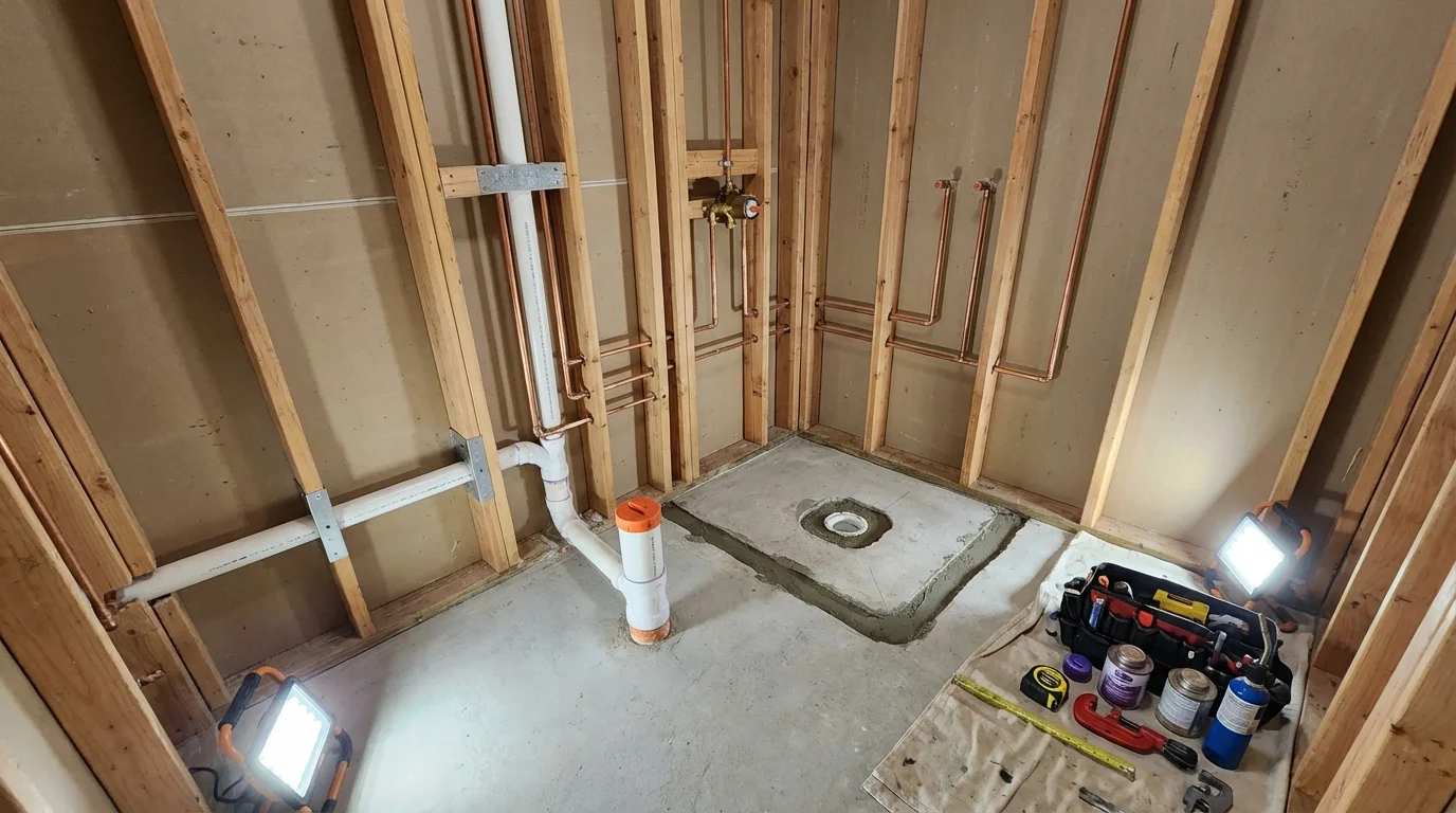 Bathroom rough-in plumbing during remodel by Johns Plumbing LLC in Harleysville