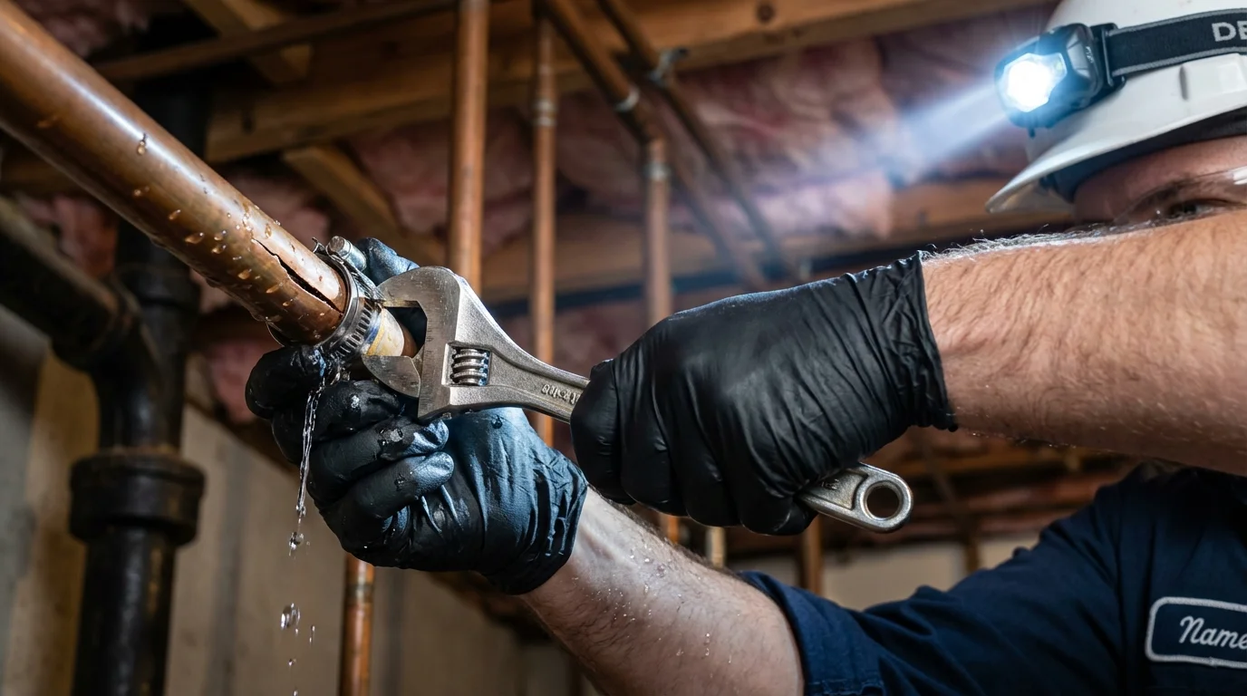 Emergency pipe clamp repair being performed by a Johns Plumbing LLC plumber in Harleysville