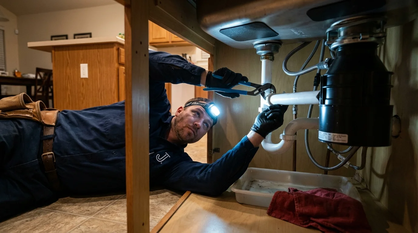 P-trap and supply line connections under a kitchen sink showing a common leak point in Harleysville, PA